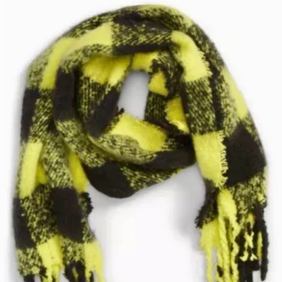 Emanuel Geraldo Yellow & Black Buffalo Plaid Scarf NWT Fringe - Picture 1 of 6
